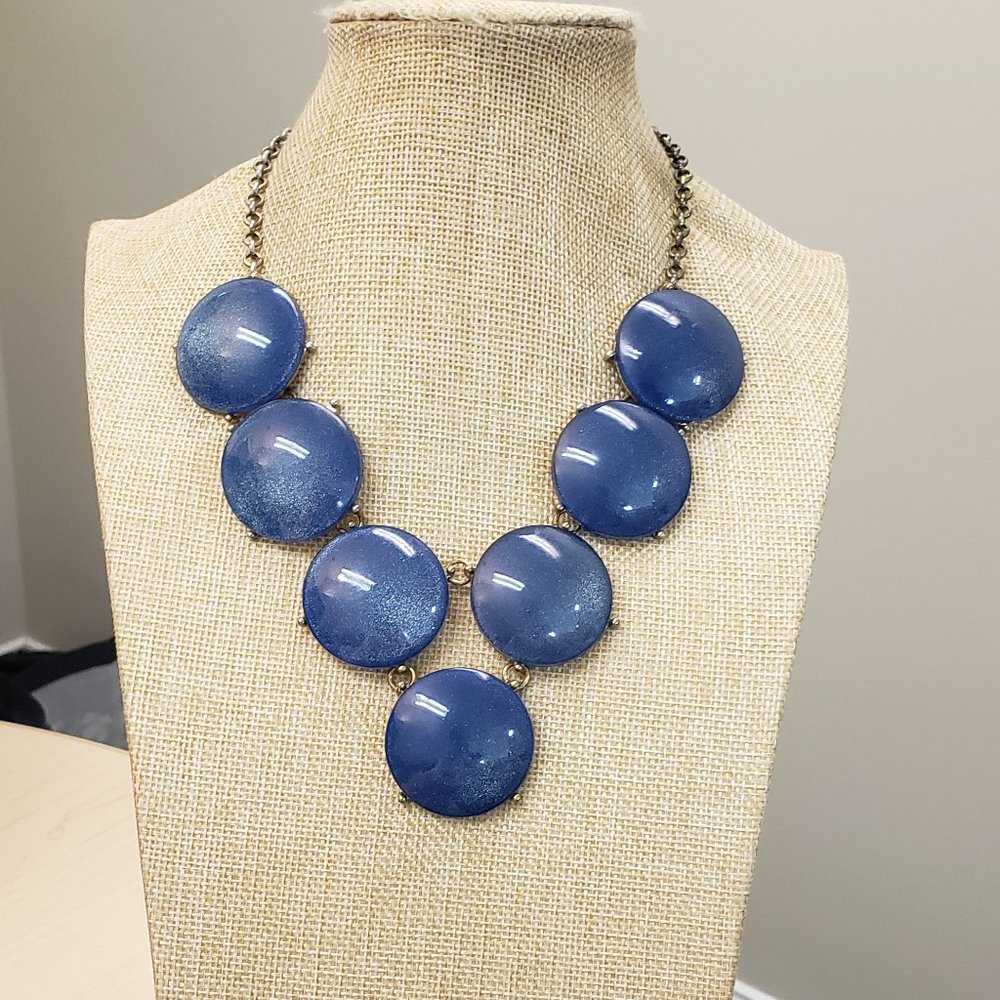 Vintage large blue shimmer jewel sphere circle gold statement necklace